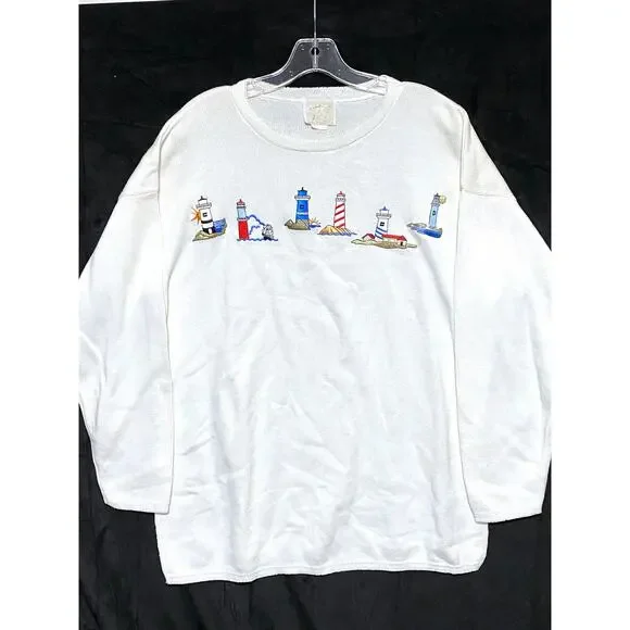 VTG Tia Lighthouse Top Women S Coastal Grandma Beach Cottagecore Embroidered USA - Picture 1 of 6